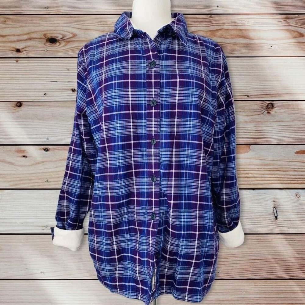D1 L.L. Bean Shirt Top Plaid Fleece Lined Women's Button Purple Blouse Medium